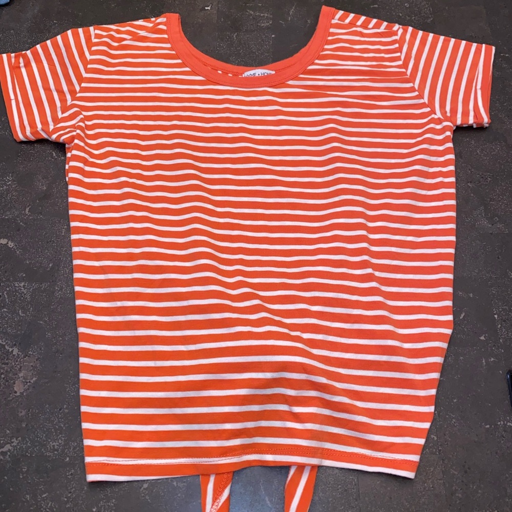 Thyme + Honey Orange and White Striped Tee Shirt